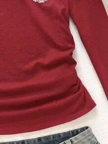 SHEIN 青少年女孩秋冬休閒復古學院風拼色POLO領字母印花抓皺腰長袖修身T恤，適合返校與日常穿著 - 紅色 - 查看 5