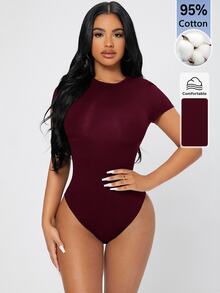 SHEIN PETITE 純色修身連身衣，適合嬌小女性 - 酒紅色 - 查看 5