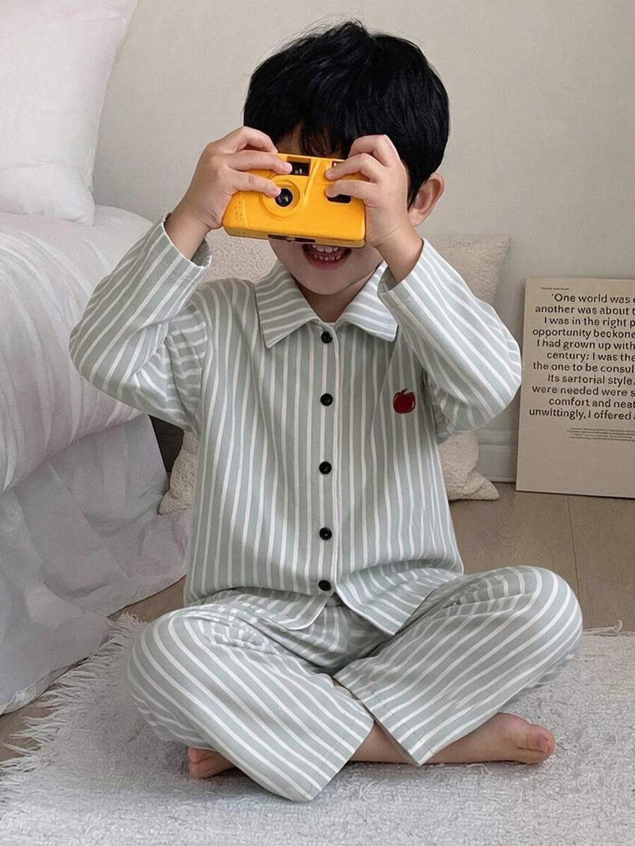 Dazy Kids Young Boy Button Long Sleeve Top And Striped Long Pants Loungewear Set - Teal Blue - View 1