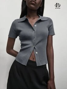 BizChic 女款秋季翻領條紋鈕扣針織開襟衫，都市通勤商務休閒優雅女裝針織上衣 - 灰色 - 查看 6
