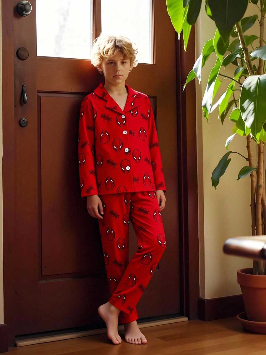 青少年男孩紅色底色趣味蜘蛛面具圖案 BOOOM 針織翻領短袖上衣與短褲兩件套居家服,舒適阻燃面料,適合男孩居家休閒穿著,最佳男孩禮物 - 紅色 - 查看 1