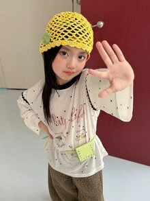 Dazy Kids Tween Girl Letter & Polka Dot Print Drop Shoulder Long Sleeve Casual T-Shirt - White - View 3