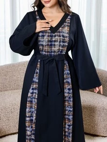 Al Najma Plus Size Women's Elegant Plaid Patchwork Arabian Dress - Multicolor - View 4