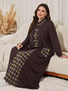 Lacomfia Minimalist Casual Solid Color Patchwork Geometric High Neck Long Sleeve Loose Regular Fit Spring Autumn Plus Size Dress - Chocolate Brown - View 3