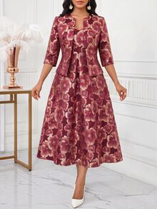 SHEIN Lady 女款時尚優雅百褶酒紅色提花細肩帶洋裝外套兩件套，適用公民儀式、夏季婚禮、正式晚宴 - 紅色 - 查看 5