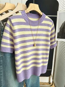 SHEIN Franclia 新款春夏韓系簡約休閒寬鬆條紋拼色女款針織上衣 - 淡紫色 - 查看 4