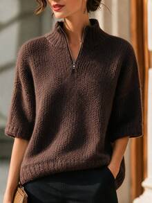SHEIN 新款秋季北歐復古 70 年代極簡休閒淺灰色半拉鍊針織毛衣 女款小立領中袖寬鬆版型 度假早午餐旅行穿搭 - 咖啡棕 - 查看 5