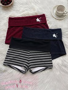 SHEIN 青少年女孩休閒百搭日常摺腰印花超短針織短褲 - 黑色 - 查看 1