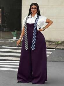 Mawevolt Plus Size Fashion Commuter Striped Suspender Jumpsuit Fall - Purple - View 4