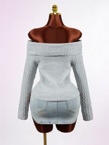 Mistrie Autumn Minimalist Sexy Style Off-Shoulder Lapel Knit Top Women's Twisted Cable Texture Single-Breasted Slim Fit Flattering Long Sleeve Sweater - Grey - View 2