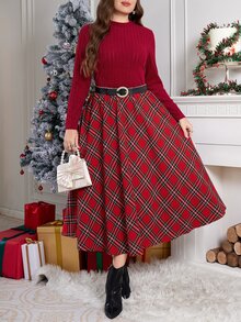 SHEIN Clasi Plus Size Women Solid Color Long Sleeve T-Shirt And Plaid Skirt Elegant 2 Pieces Set - Burgundy - View 1