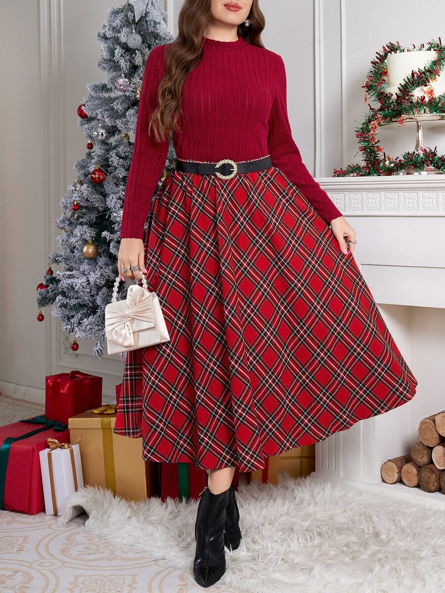 SHEIN Clasi Plus Size Women Solid Color Long Sleeve T-Shirt And Plaid Skirt Elegant 2 Pieces Set - Burgundy - View 1