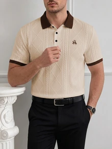 Calvornis 男士短袖 Polo 衫，提花針織半開鈕扣上衣，復古圖案商務休閒夏季高爾夫 Polo 衫，時尚休閒通勤日常穿著，正式，老錢風 - 卡其色 - 查看 3
