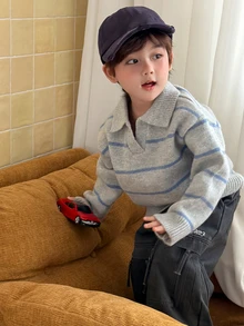 DAZY Sweater Lengan Panjang Berkerah Motif Garis-garis Warna Blok untuk Bayi/Balita (Laki-laki) Musim Gugur/Dingin - Grey - View 4
