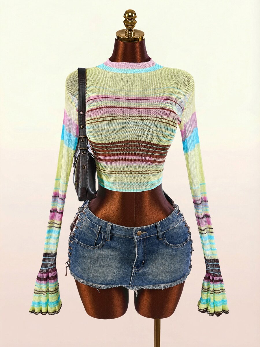 Amplova Women's Colorful Striped Long Sleeve Cropped Casual Sweater - Multicolor - View 1