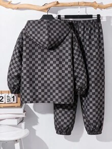 SHEIN 2件組兒童小男孩休閒日常百搭舒適拼接連帽半拉鍊套頭寬鬆長袖外套與寬鬆慢跑褲梭織套裝，適合學校、花園、海灘、生日 - 彩色 - 查看 5