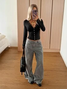 SHEIN EZwear 黑色蕾絲拼接針織女款T恤，適合夜晚外出、秋季、性感優雅、新年、聖誕節、約會之夜 - 黑色 - 查看 8