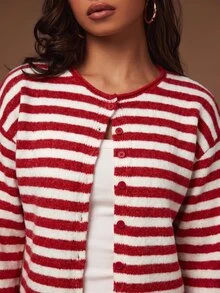 Athîral Women's Striped Casual Daily Outing Cardigan - Red and White - View 4