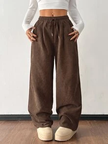 SHEIN PETITE 女款秋冬街頭時尚休閒復古燈芯絨紋理寬鬆長褲，小個女款上班通勤咖啡棕色 - 摩卡棕 - 查看 7