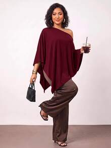Enliva Plus-Size Knitted One-Shoulder Asymmetrical Pleated Cape Top - Burgundy - View 6