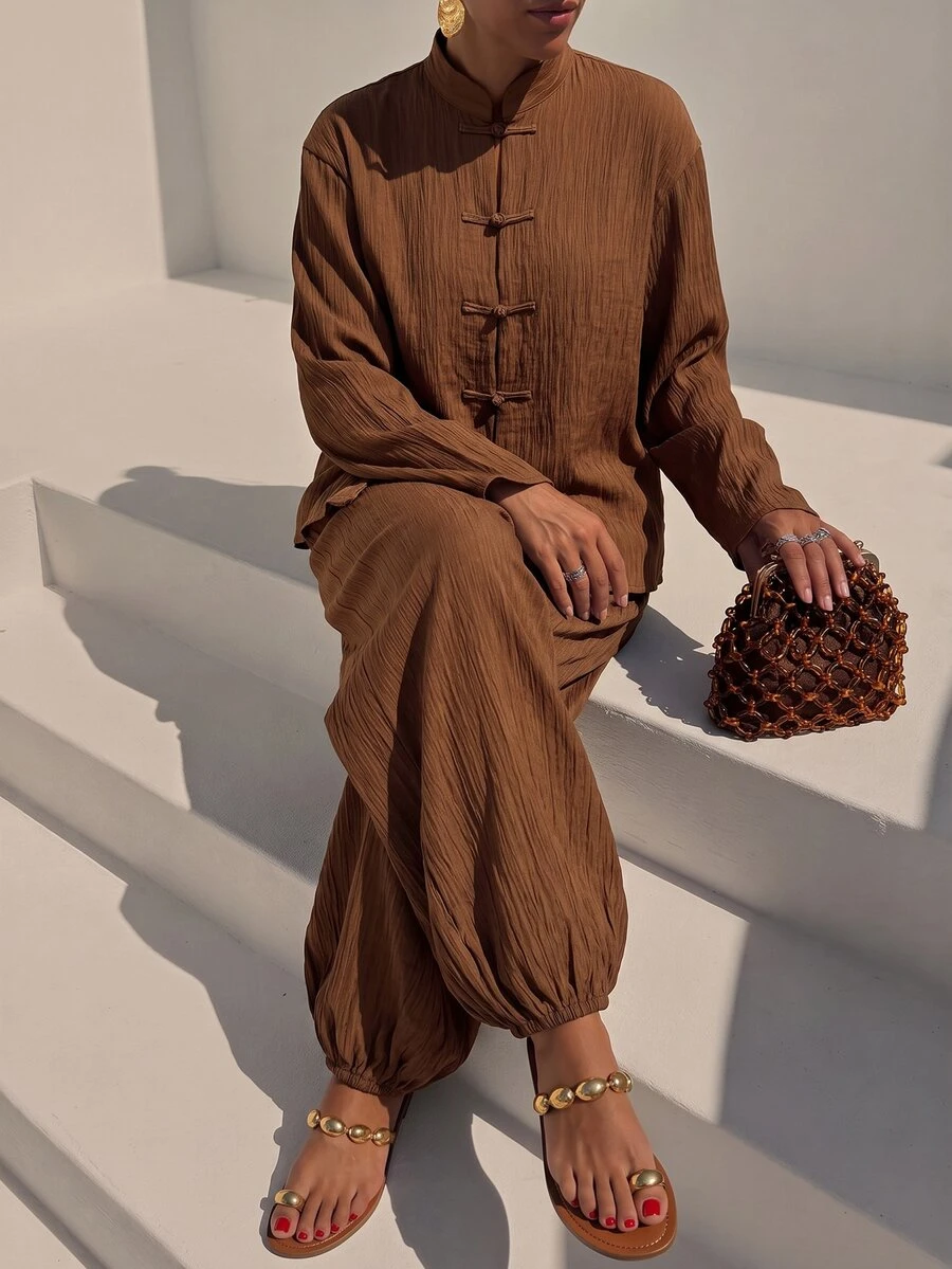 Zivah New Elegant Women's New Chinese Style Brown Textured Jacquard Fabric With Frog Button Design Long Sleeve Jacket And Unique Lantern Pants 2 Pieces Set, Suitable For Multiple Occasions - Brown - View 1