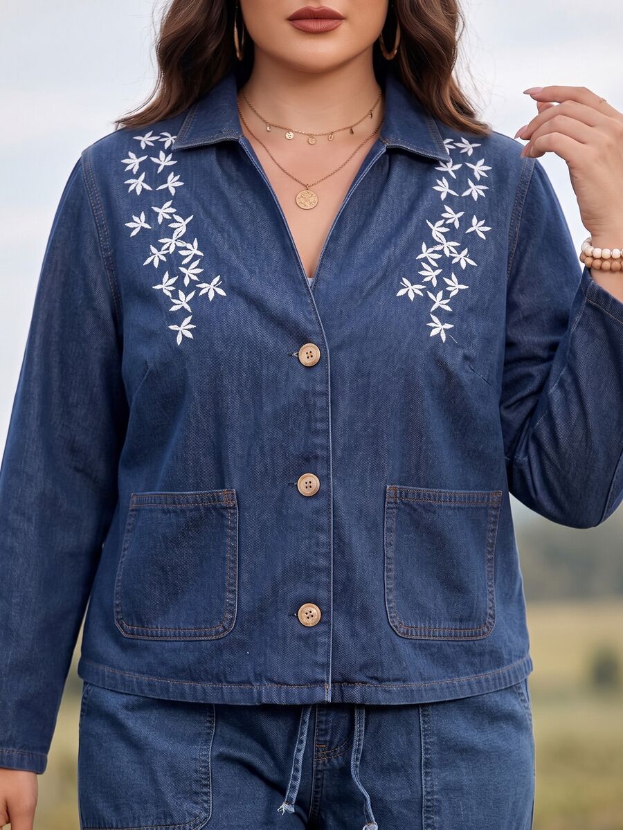 EMERY ROSE Plus Size Women's Casual Comfortable Deep Blue Non-Stretch Embroidered Denim Jacket - Dark Wash - View 1