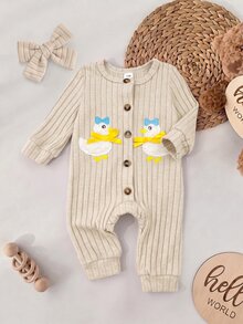 SHEIN 新生兒卡通鴨子刺繡設計蝴蝶結裝飾單排扣長袖居家連身衣 - 卡其色 - 查看 9
