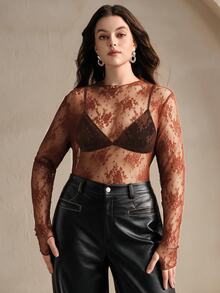 Anewsta Sexy Sheer Lace Long Sleeve Top - Burnt Orange - View 7