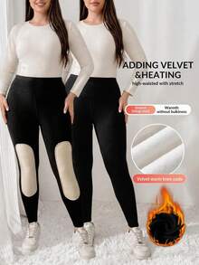 Shapeblank Women's Plus-Size Winter Casual Leggings – Stretchy, Fleece-Lined, Warm & Comfortable – Black With Knee Protection – Everyday Wear, Fall/Winter Bottom - Black - View 5