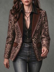 LUMIGAL Vintage Fashion Elegant Leopard Animal Print Pattern AB Patchwork Elegant Commute High-End Women's Blazer Jacket - Multicolor - View 8
