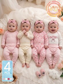 4件組女嬰連身衣 可愛甜美粉色與白色花朵蝴蝶結字母印花 長袖信封領 標準版 生日秋季假期款 白色上衣 底部按扣 - 淺粉色 - 查看 4