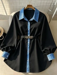 SHEIN Clasi 大尺碼女款休閒長袖純色拼接丹寧效果數位印花前綁帶襯衫，適合秋冬、度假、外出、通勤及各種場合 - 黑色 - 查看 3