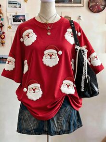 Collagica Collagica Letter Pattern Vertical Stripe Print Fashionable Minimalist Oversized Mid-Length Round Neck Drop Shoulder Women's T-Shirt Friend's Gift - Multicolor - View 3