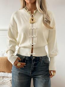 SHEIN EZwear Autumn/Winter High-Quality Knitted Cardigan With Frog Buttons - White - View 3