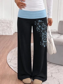Tween Girl Street Style Floral Print Colorblock Long Pants - Multicolor - View 1
