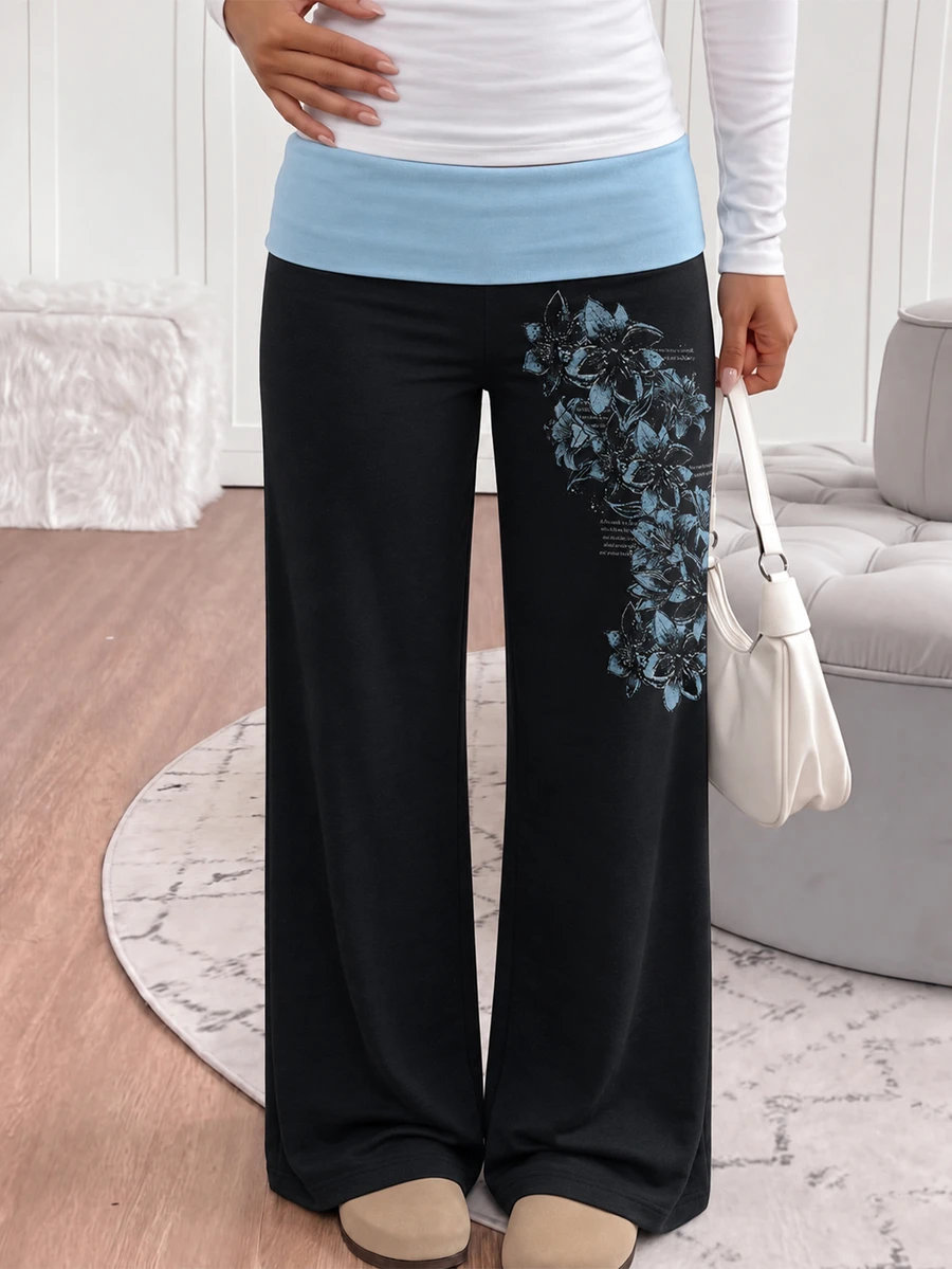 Tween Girl Street Style Floral Print Colorblock Long Pants - Multicolor - View 1