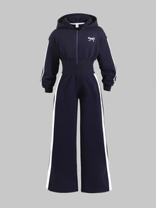 SHEIN Tween Girl 童裝時尚簡約純藍編織蝴蝶結圖案連帽拉鍊印字高腰連身褲 冬季 - 寶藍色 - 查看 8