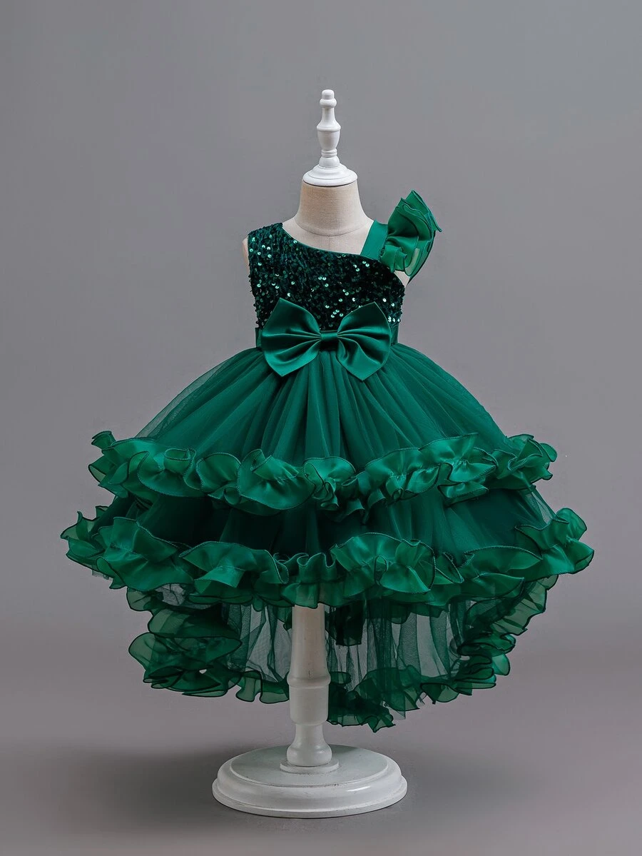 Glamorique Kids 女童聖誕老人新年派對洋裝 鋼琴演奏會公主禮服 薄紗蝴蝶結露背荷葉邊派對洋裝 - 墨綠色 - 查看 1