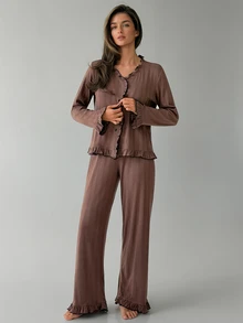 DAZY Women's Frill Trim Single-Breasted Top And Long Pants Pajama Set - Brown - View 9