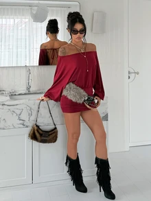 Jeanoix Women's Y2K Sexy Party Dress With Tie-Up Back Design, Loose Sleeves And Bodycon Mini Skirt - Burgundy - View 4