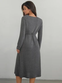 DAZY Women's Striped Button Design Long Sleeve Casual Loungewear Dress - Grey - View 2