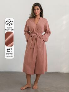 Livesso Women's Solid Color Waist Tie Casual Daily Home Sleepwear - Pink - View 5