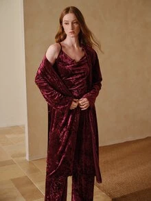 MOTF PREMIUM WOMEN'S SOLID COLOR WAIST TIE CASUAL DAILY HOME SLEEPWEAR - Burgundy - View 6