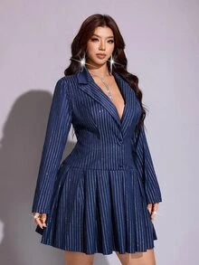 Viva Relle Plus-Size Sexy Striped Navy Blue With Silver Powder Dress Fall - Navy Blue - View 5