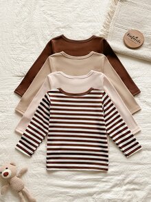 SHEIN Vintaside Kids 男嬰簡單舒適長袖上衣 4件組，秋季百搭 - 彩色 - 查看 2