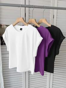 SHEIN LUNE 3件組女款休閒純色基礎短袖T恤可愛上衣街頭風上衣，夏季日常米色節慶素色上衣外出穿搭 - 紫色 - 查看 3