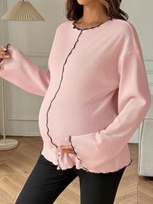 Dazy Maternity Contrast Color Ruffle Wave Hem Loose Long Sleeve Bell Sleeve Casual Vacation Korean Style Spring Autumn Maternity T-Shirt - Pink - View 4