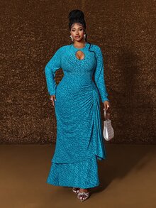Maweii Plus Size Women's Elegant Textured Fabric Round Neck Long Sleeve Slim Fit Dress Fall - Blue - View 5