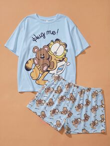 GARFIELD | SHEIN 大尺碼卡通貓咪印花圓領短袖上衣與短褲睡衣套裝，夏季穿搭 - 藍色 - 查看 1