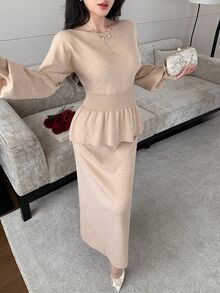 Modelyn Women's Solid Color Pleated Long Sleeve Top And Skirt Knit 2 Pieces Set - Khaki - View 4